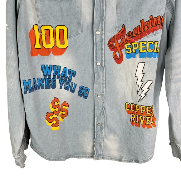 Copper Rivet Light Blue Denim Shirt Snap Button Graphic Prints Large - Picture 7 of 12